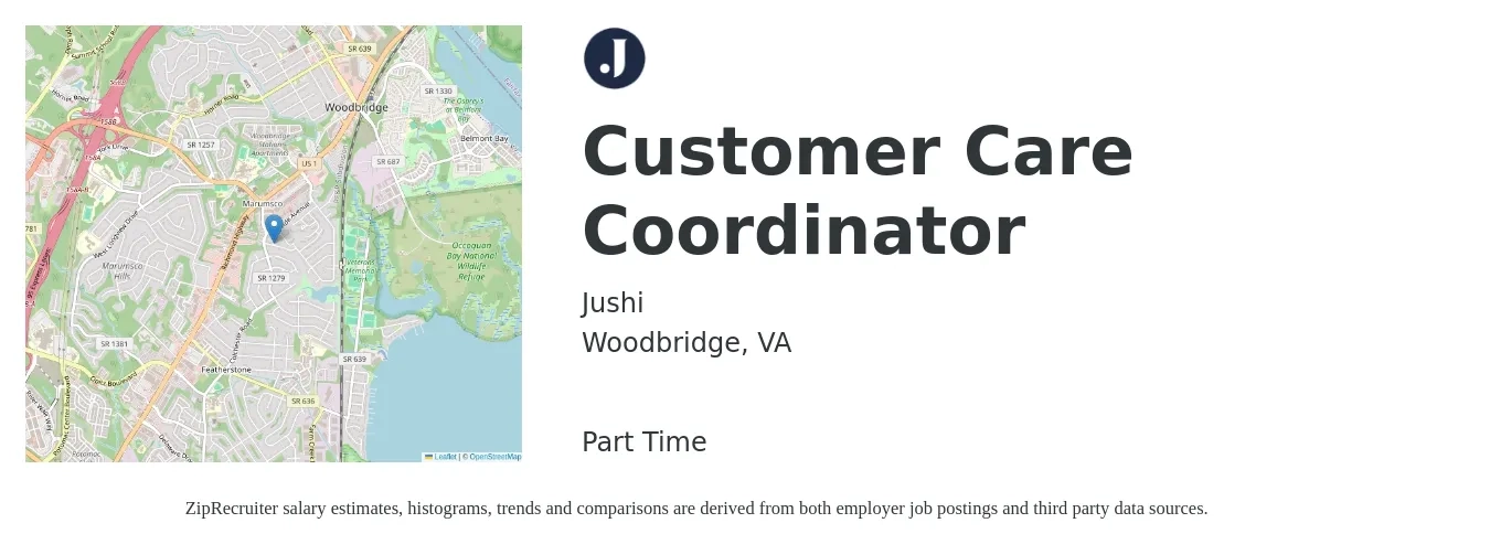 Jushi job posting for a Customer Care Coordinator in Woodbridge, VA with a salary of $18 Hourly with a map of Woodbridge location.