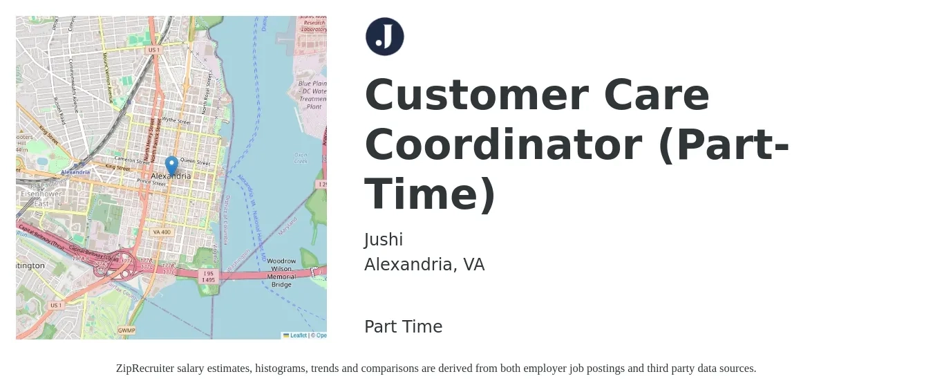Jushi job posting for a Customer Care Coordinator (Part-Time) in Alexandria, VA with a salary of $18 Hourly with a map of Alexandria location.