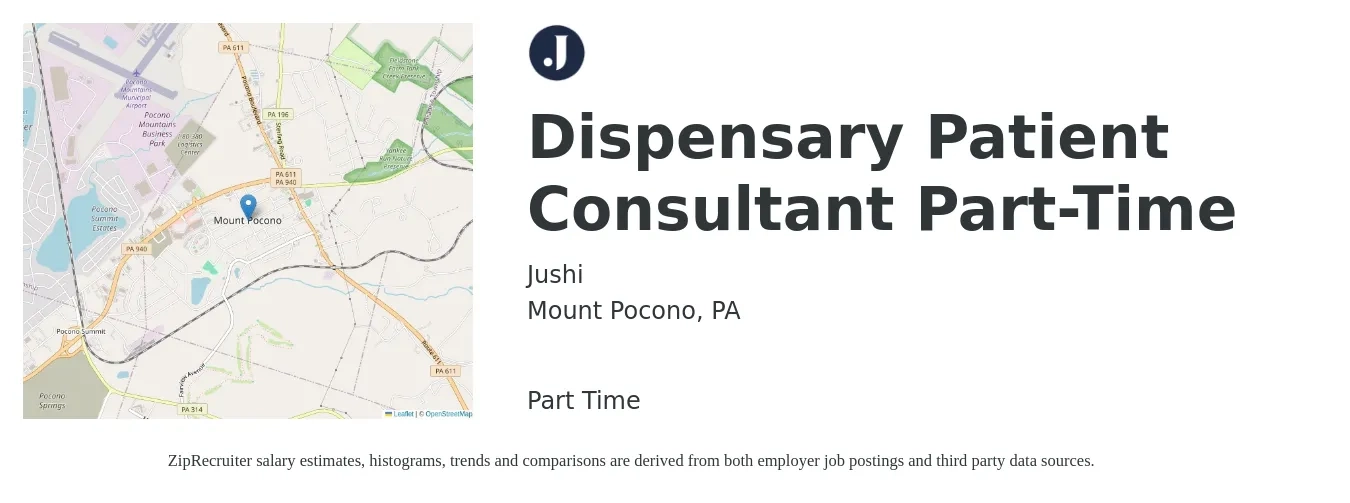 Jushi job posting for a Dispensary Patient Consultant Part-Time in Mount Pocono, PA with a salary of $28 to $40 Hourly with a map of Mount Pocono location.