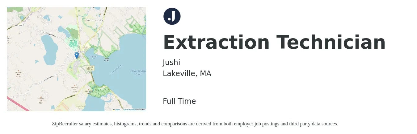 Jushi job posting for a Extraction Technician in Lakeville, MA with a salary of $20 to $27 Hourly with a map of Lakeville location.