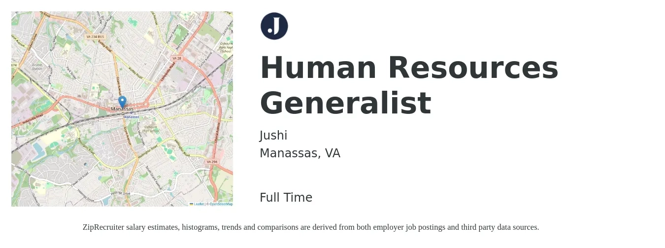 Jushi job posting for a Human Resources Generalist in Manassas, VA with a salary of $52,000 to $74,000 Yearly with a map of Manassas location.
