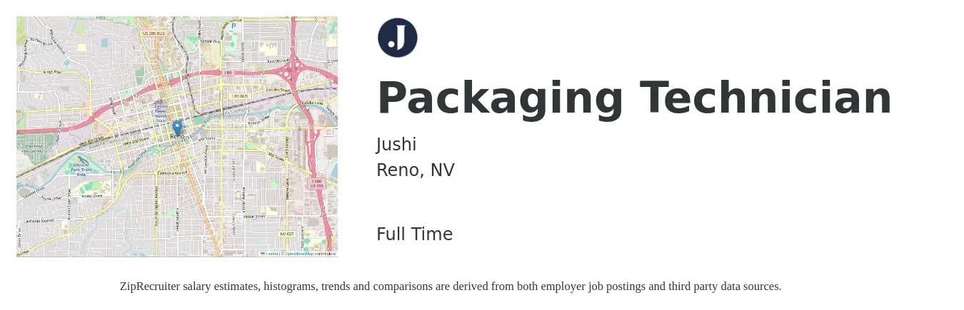 Jushi job posting for a Packaging Technician in Reno, NV with a salary of $17 to $21 Hourly with a map of Reno location.