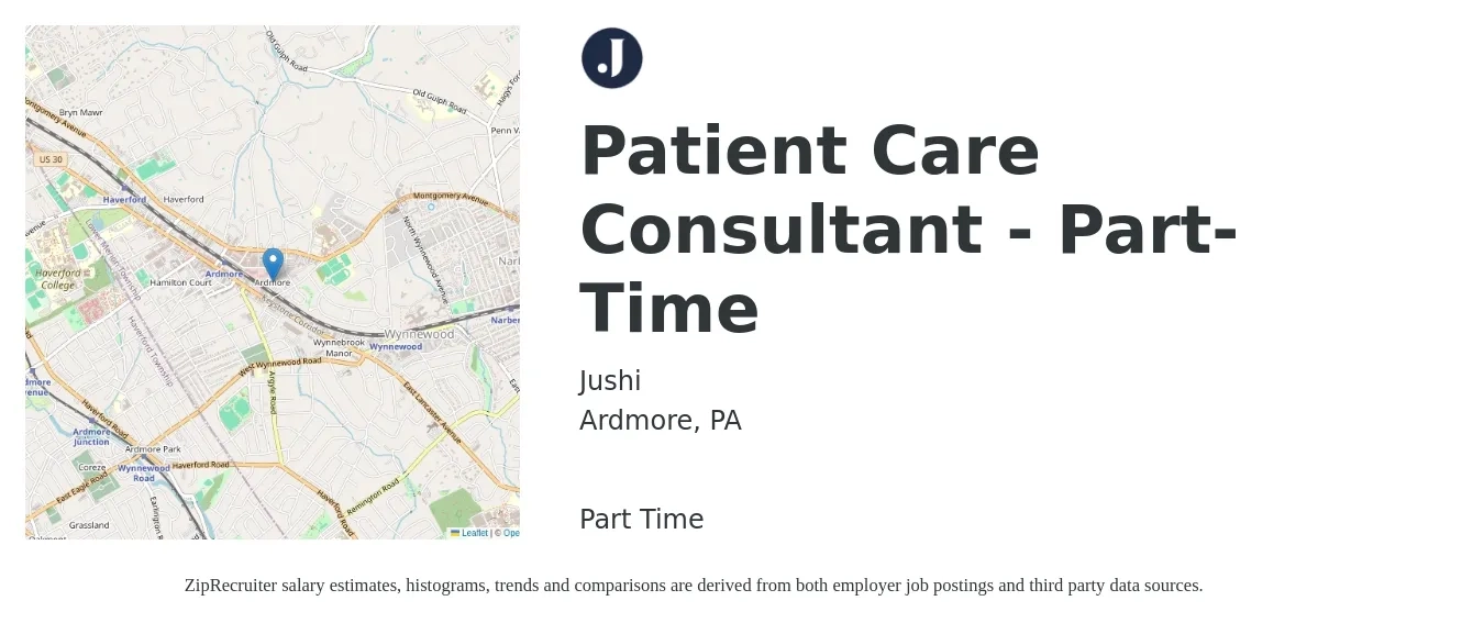 Jushi job posting for a Patient Care Consultant - Part-Time in Ardmore, PA with a salary of $26 to $41 Hourly with a map of Ardmore location.