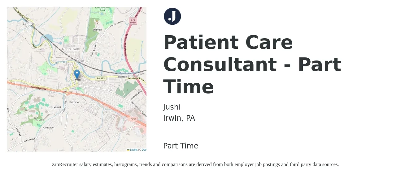 Jushi job posting for a Patient Care Consultant - Part Time in Irwin, PA with a salary of $23 to $62 Hourly with a map of Irwin location.