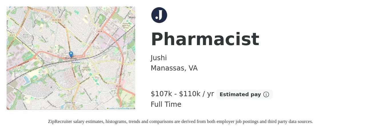 Jushi job posting for a Pharmacist in Manassas, VA with a salary of $58 to $70 Hourly with a map of Manassas location.