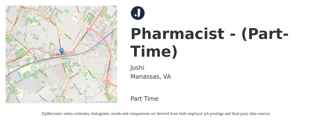 Jushi job posting for a Pharmacist - (Part-Time) in Manassas, VA with a salary of $58 to $70 Hourly with a map of Manassas location.