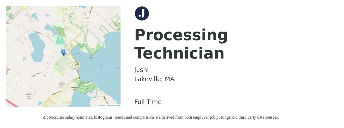 Jushi job posting for a Processing Technician in Lakeville, MA with a salary of $22 to $31 Hourly with a map of Lakeville location.