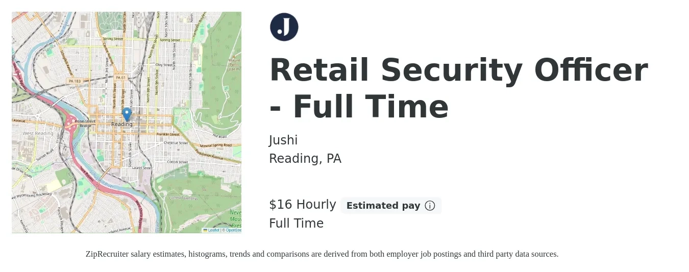 Jushi job posting for a Retail Security Officer - Full Time in Reading, PA with a salary of $17 Hourly with a map of Reading location.