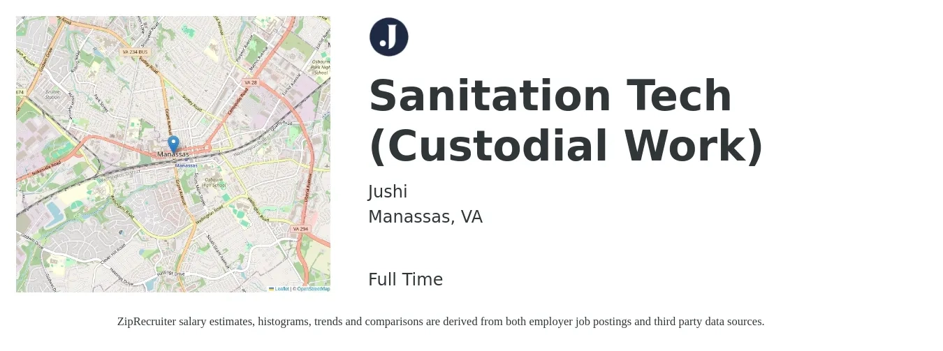 Jushi job posting for a Sanitation Tech (Custodial Work) in Manassas, VA with a salary of $16 to $20 Hourly with a map of Manassas location.