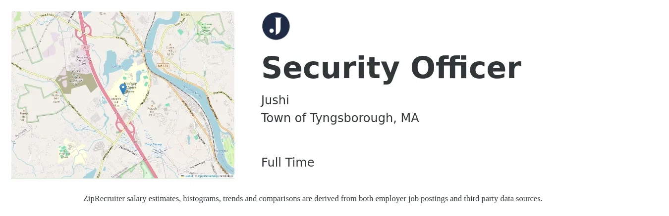 Jushi job posting for a Security Officer in Town of Tyngsborough, MA with a salary of $17 to $20 Hourly with a map of Town of Tyngsborough location.