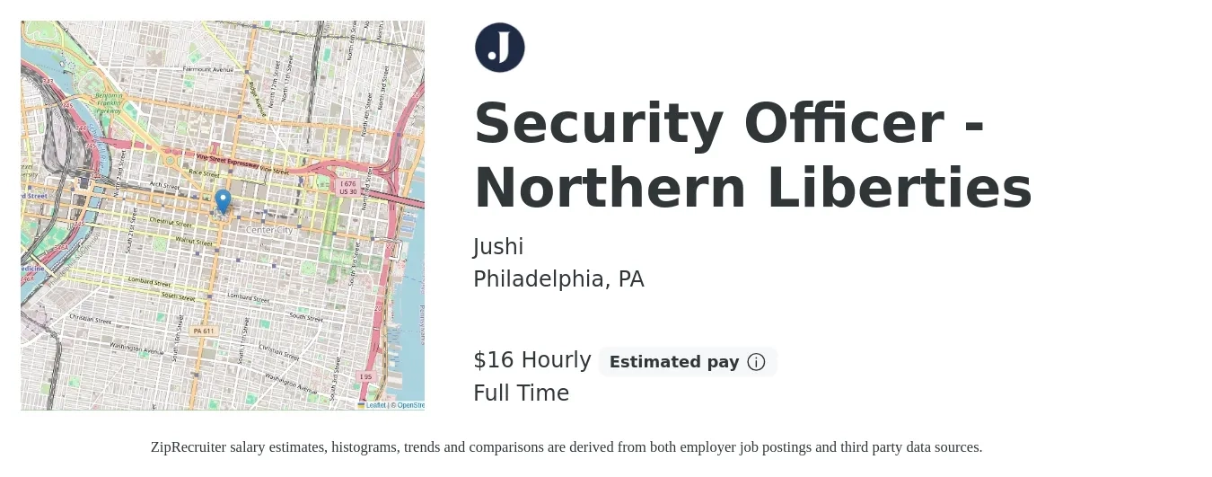 Jushi job posting for a Security Officer - Northern Liberties in Philadelphia, PA with a salary of $17 Hourly with a map of Philadelphia location.