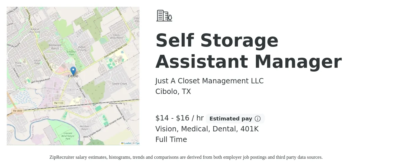 Just A Closet Management LLC job posting for a Self Storage Assistant Manager in Cibolo, TX with a salary of $15 to $17 Hourly and benefits including medical, vision, 401k, dental, and life_insurance with a map of Cibolo location.