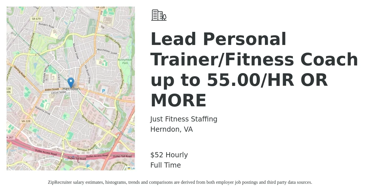 Just Fitness Staffing job posting for a Lead Personal Trainer/Fitness Coach up to 55.00/HR OR MORE in Herndon, VA with a salary of $55 Hourly with a map of Herndon location.