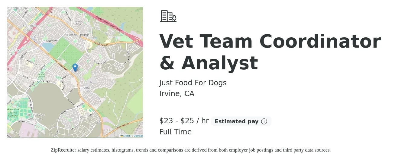 Just Food For Dogs job posting for a Vet Team Coordinator & Analyst in Irvine, CA with a salary of $24 to $27 Hourly with a map of Irvine location.
