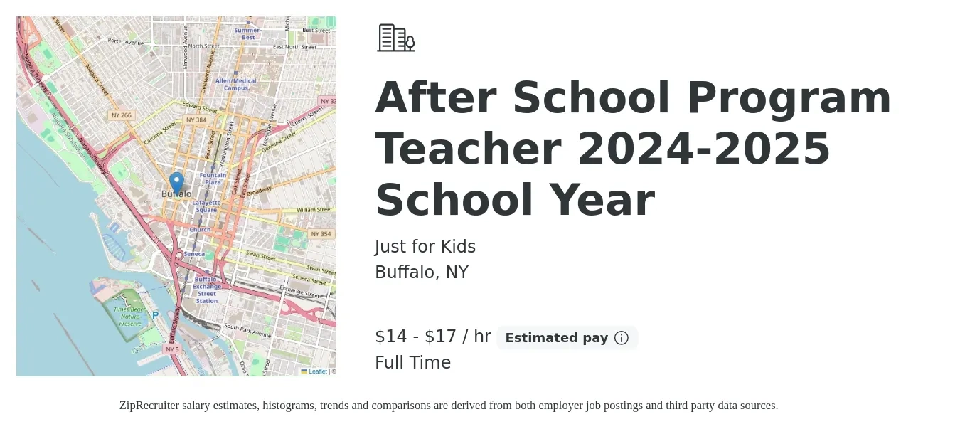 Just for Kids job posting for a After School Program Teacher 2024-2025 School Year in Buffalo, NY with a salary of $16 to $18 Hourly with a map of Buffalo location.