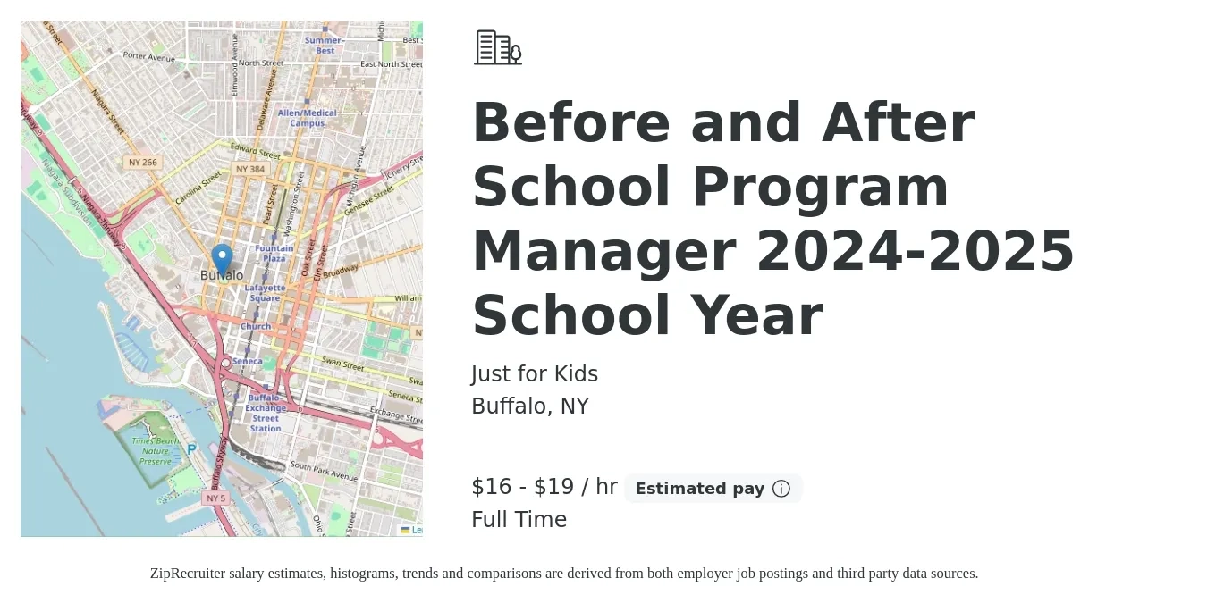 Just for Kids job posting for a Before and After School Program Manager 2024-2025 School Year in Buffalo, NY with a salary of $17 to $20 Hourly with a map of Buffalo location.