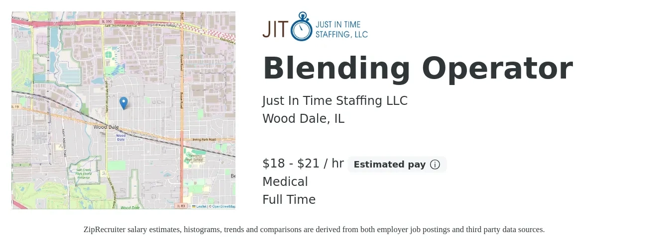 Just In Time Staffing LLC job posting for a Blending Operator in Wood Dale, IL with a salary of $19 to $22 Hourly and benefits including medical, and pto with a map of Wood Dale location.