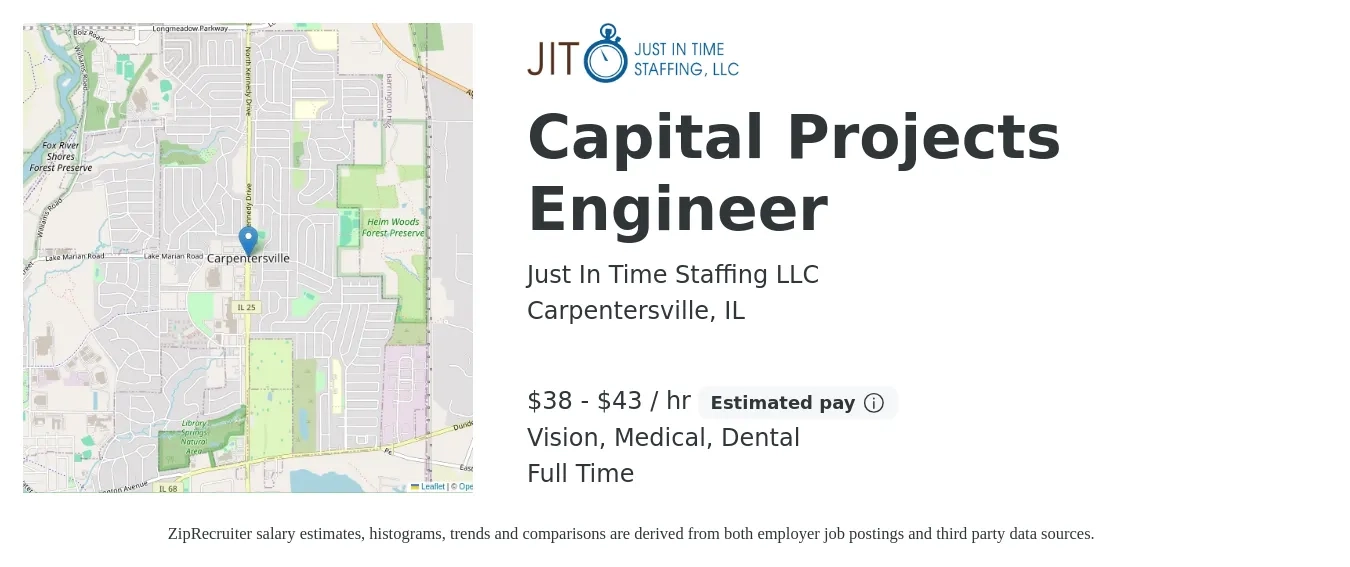 Just In Time Staffing LLC job posting for a Capital Projects Engineer in Carpentersville, IL with a salary of $40 to $45 Hourly and benefits including dental, medical, pto, and vision with a map of Carpentersville location.