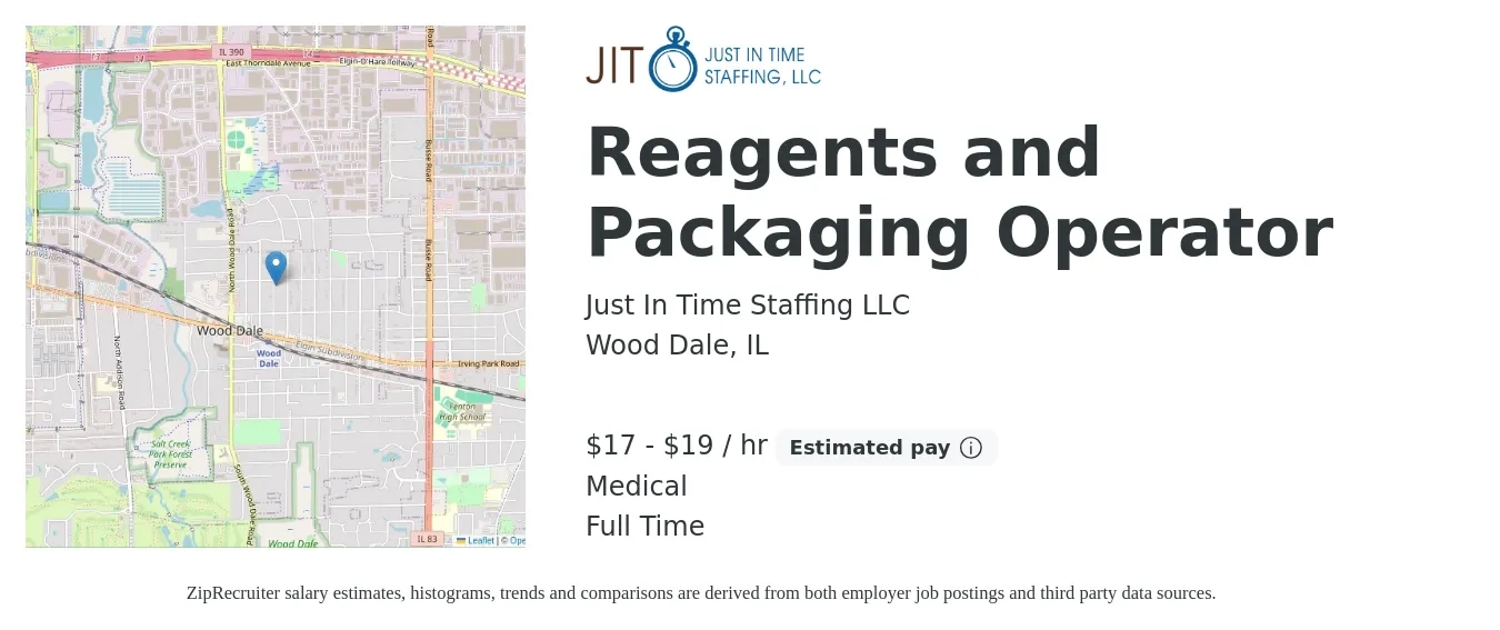 Just In Time Staffing LLC job posting for a Reagents and Packaging Operator in Wood Dale, IL with a salary of $18 to $20 Hourly and benefits including medical, pto, and retirement with a map of Wood Dale location.