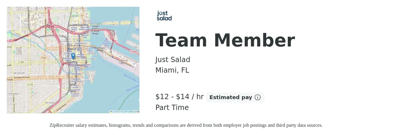 Just Salad job posting for a Team Member in Miami, FL with a salary of $13 to $15 Hourly with a map of Miami location.