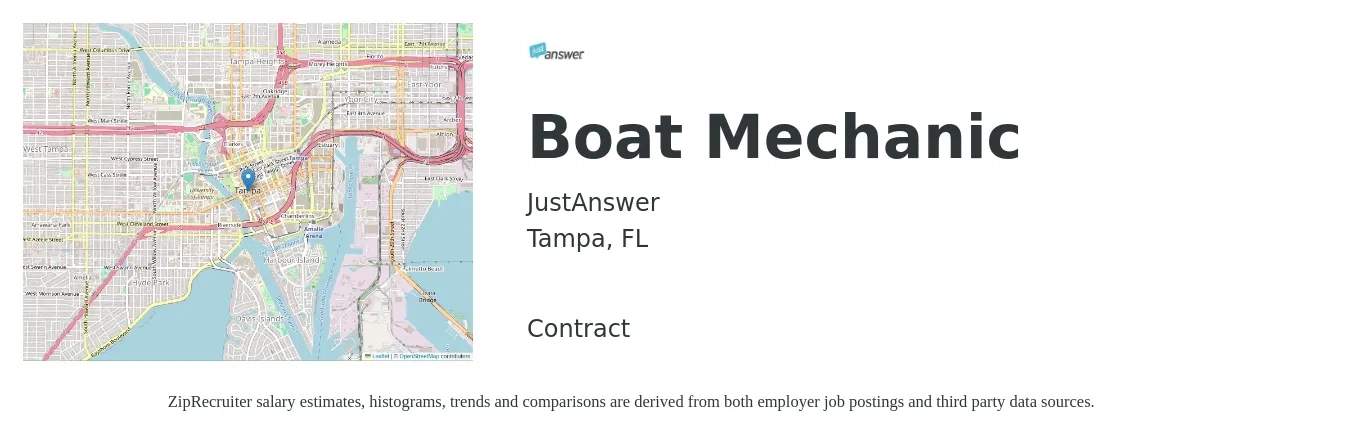 JustAnswer job posting for a Boat Mechanic in Tampa, FL with a salary of $2,500 to $5,000 Monthly with a map of Tampa location.