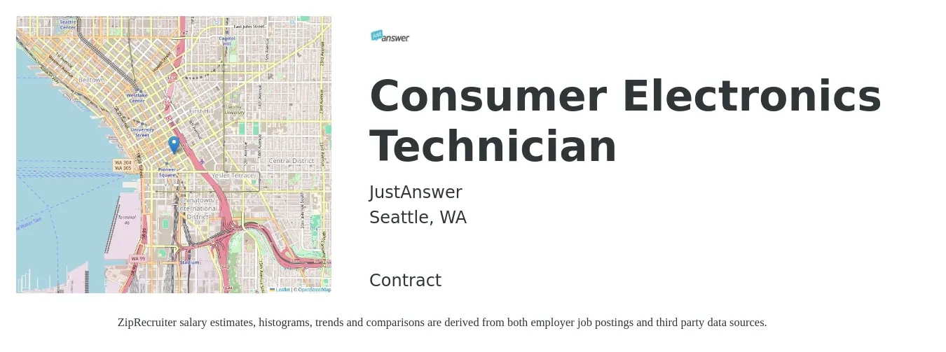 JustAnswer job posting for a Consumer Electronics Technician in Seattle, WA with a salary of $2,500 to $5,000 Monthly with a map of Seattle location.