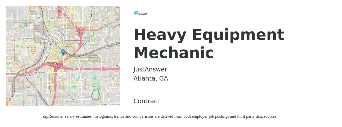 JustAnswer job posting for a Heavy Equipment Mechanic in Atlanta, GA with a salary of $2,500 to $5,000 Monthly with a map of Atlanta location.
