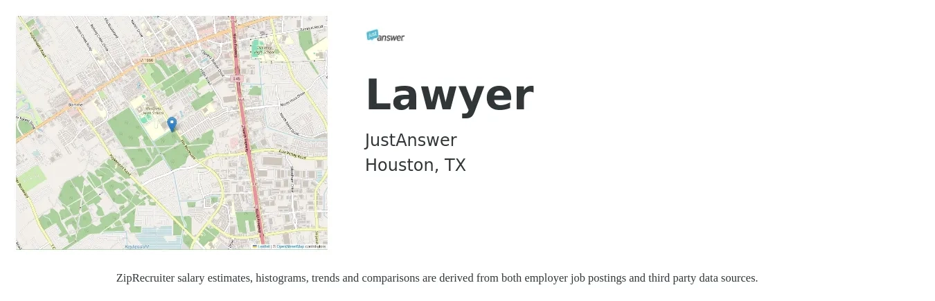 JustAnswer job posting for a Lawyer in Houston, TX with a salary of $2,500 to $5,000 Monthly with a map of Houston location.