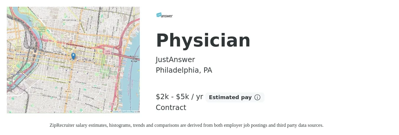 JustAnswer job posting for a Physician in Philadelphia, PA with a salary of $2,500 to $5,000 Yearly with a map of Philadelphia location.