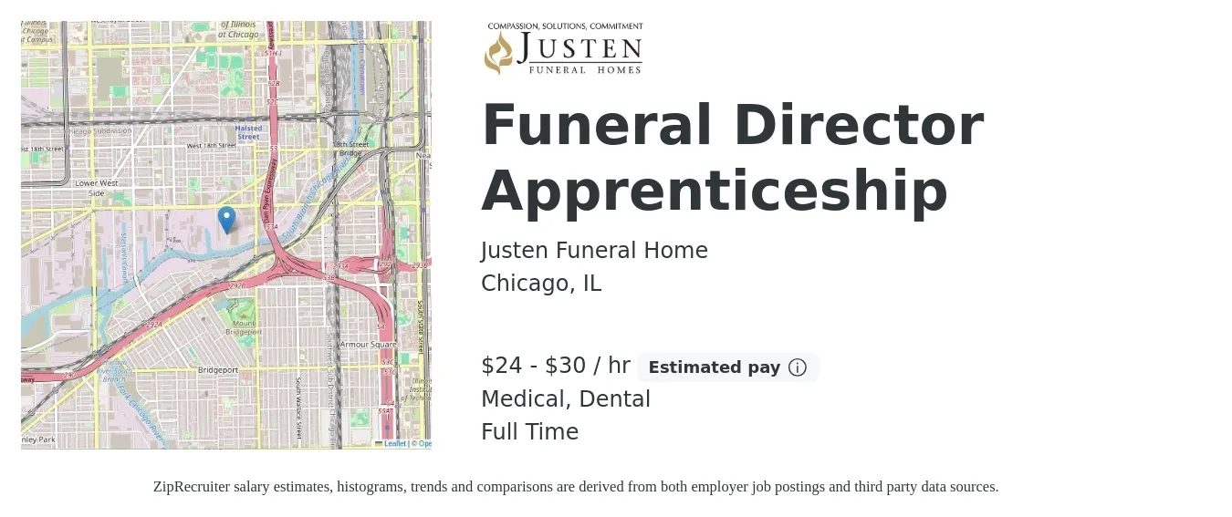 Justen Funeral Home job posting for a Funeral Director Apprenticeship in Chicago, IL with a salary of $25 to $32 Hourly and benefits including dental, medical, pto, and retirement with a map of Chicago location.