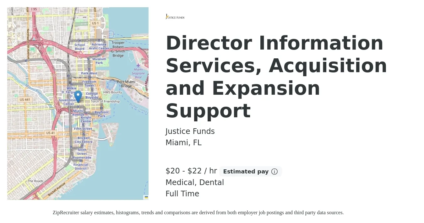 Justice Funds job posting for a Director Information Services, Acquisition and Expansion Support in Miami, FL with a salary of $21 to $23 Hourly and benefits including dental, life_insurance, and medical with a map of Miami location.