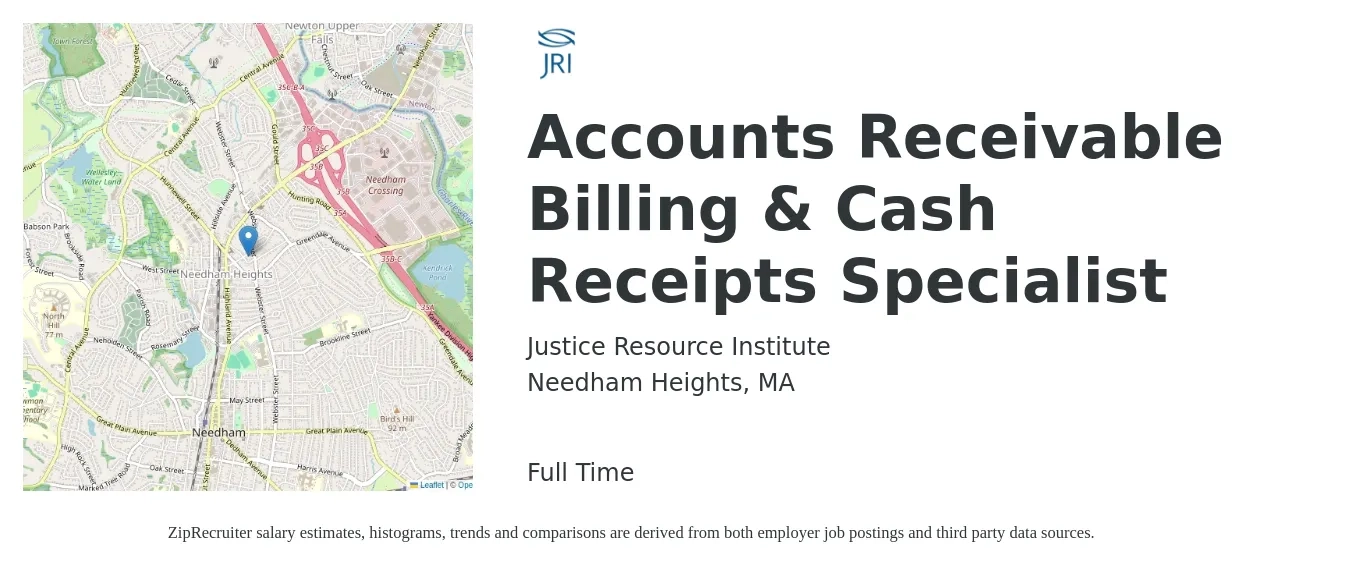 Justice Resource Institute job posting for a Accounts Receivable Billing & Cash Receipts Specialist in Needham Heights, MA with a salary of $48,000 to $60,000 Yearly with a map of Needham Heights location.