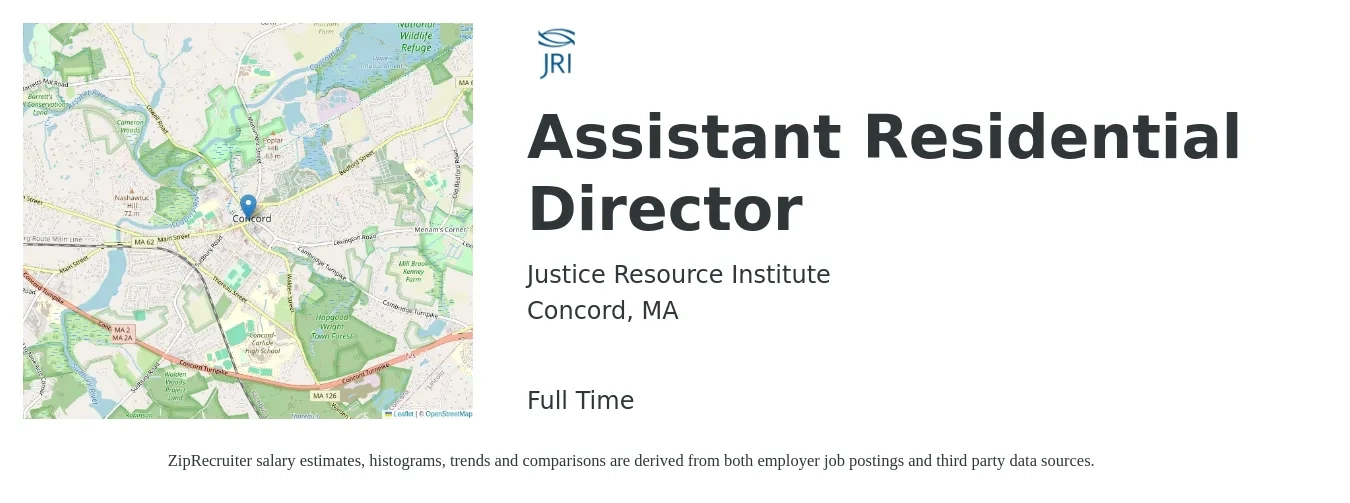 Justice Resource Institute job posting for a Assistant Residential Director in Concord, MA with a salary of $48,700 to $97,900 Yearly with a map of Concord location.