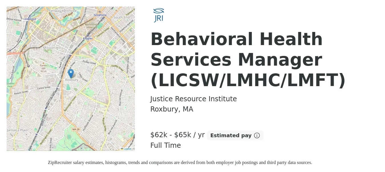 Justice Resource Institute job posting for a Behavioral Health Services Manager (LICSW/LMHC/LMFT) in Roxbury, MA with a salary of $62,000 to $65,000 Yearly with a map of Roxbury location.