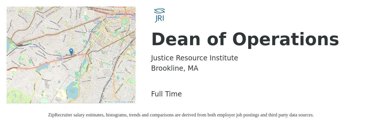 Justice Resource Institute job posting for a Dean of Operations in Brookline, MA with a salary of $18 to $32 Hourly with a map of Brookline location.