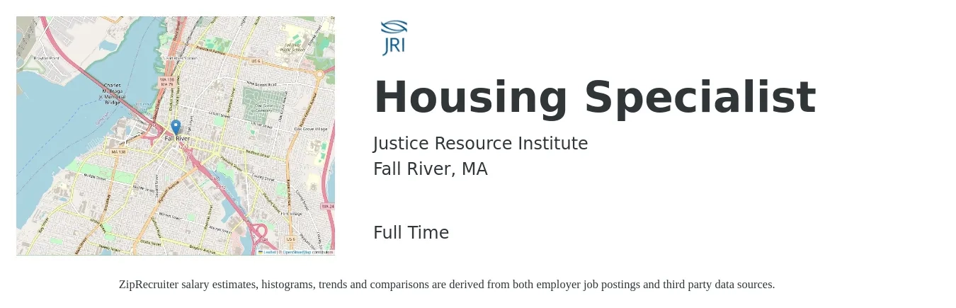 Justice Resource Institute job posting for a Housing Specialist in Fall River, MA with a salary of $43,300 to $68,000 Yearly with a map of Fall River location.