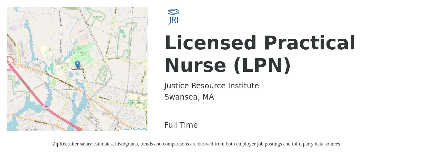 Justice Resource Institute job posting for a Licensed Practical Nurse (LPN) in Swansea, MA with a salary of $65,000 to $67,000 Yearly with a map of Swansea location.
