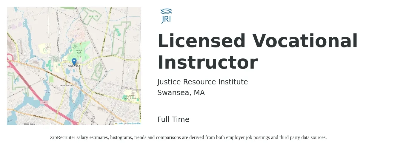 Justice Resource Institute job posting for a Licensed Vocational Instructor in Swansea, MA with a salary of $35 to $53 Hourly with a map of Swansea location.