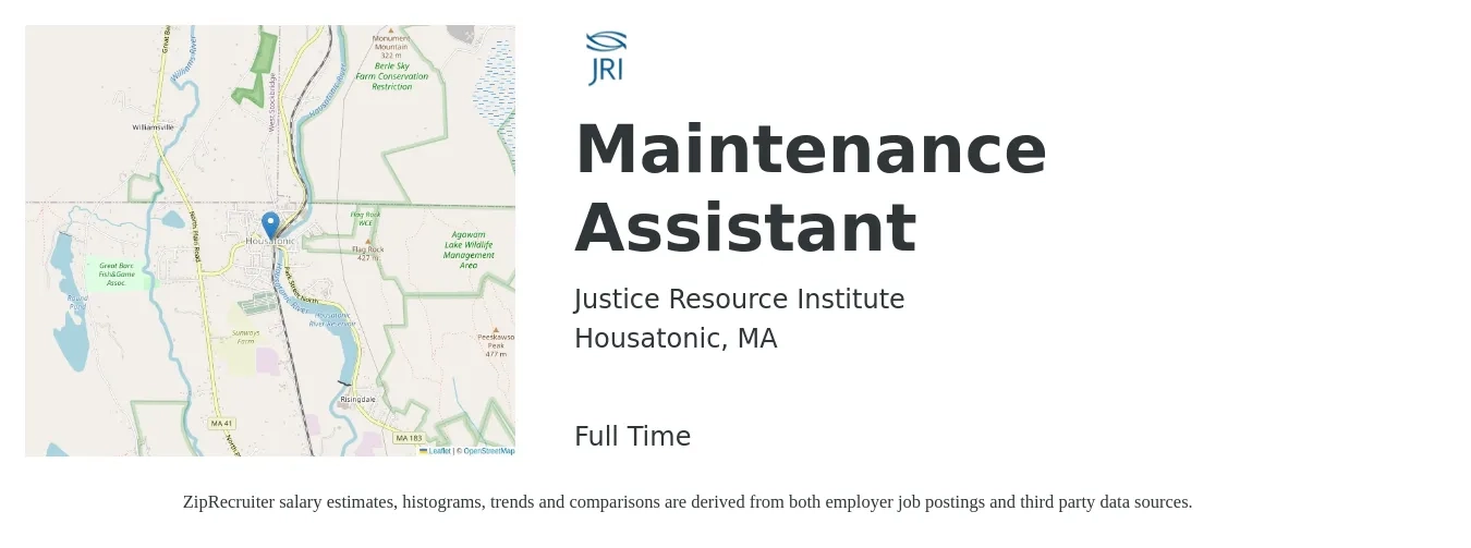 Justice Resource Institute job posting for a Maintenance Assistant in Housatonic, MA with a salary of $16 to $21 Hourly with a map of Housatonic location.