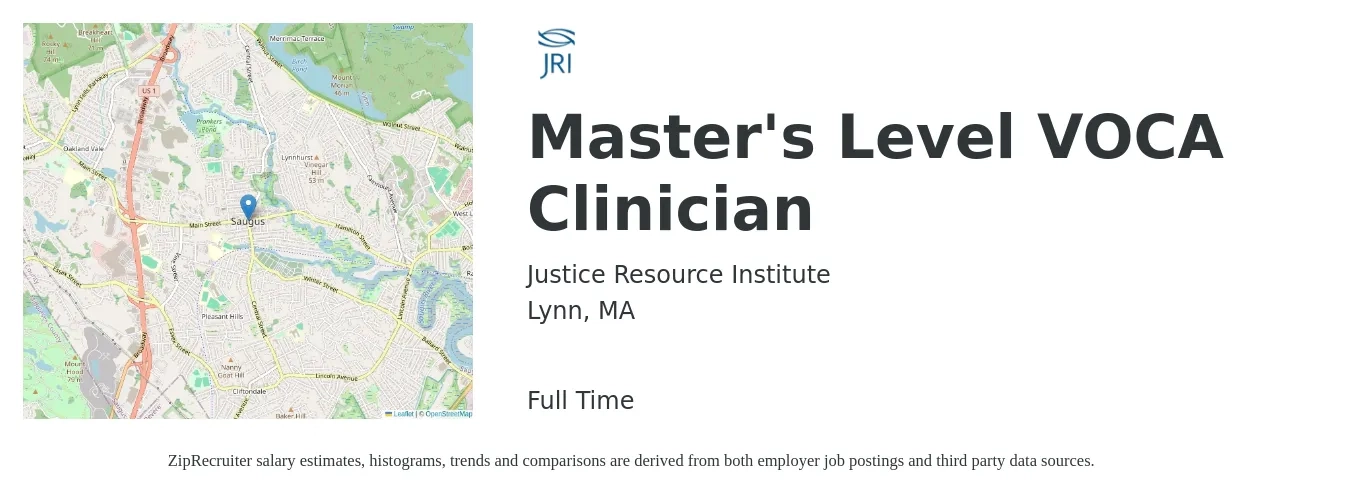 Justice Resource Institute job posting for a Master's Level VOCA Clinician in Lynn, MA with a salary of $56,300 to $74,400 Yearly with a map of Lynn location.