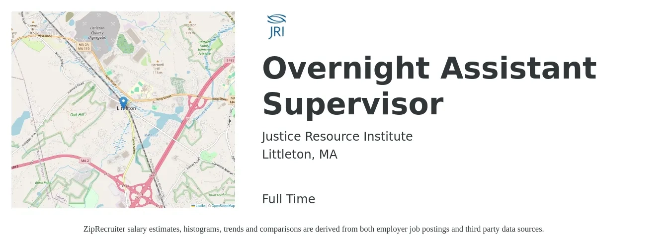 Justice Resource Institute job posting for a Overnight Assistant Supervisor in Littleton, MA with a salary of $16 to $23 Hourly with a map of Littleton location.