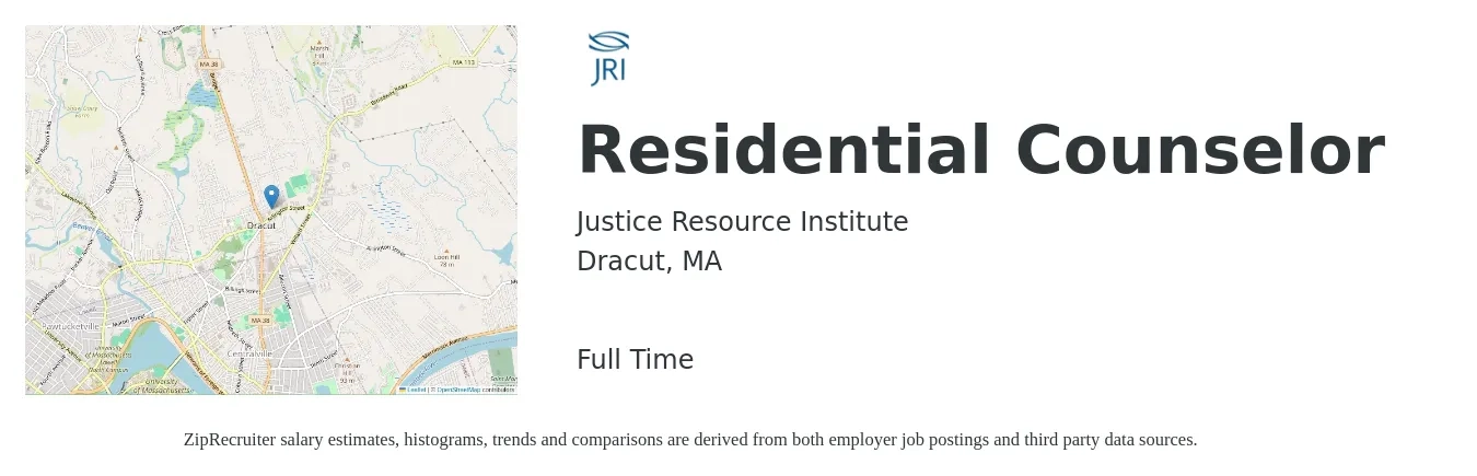 Justice Resource Institute job posting for a Residential Counselor in Dracut, MA with a salary of $17 to $22 Hourly with a map of Dracut location.