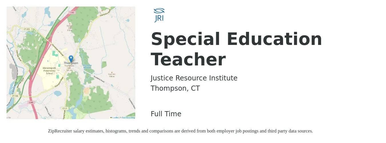 Justice Resource Institute job posting for a Special Education Teacher in Thompson, CT with a salary of $50,200 to $66,200 Yearly with a map of Thompson location.