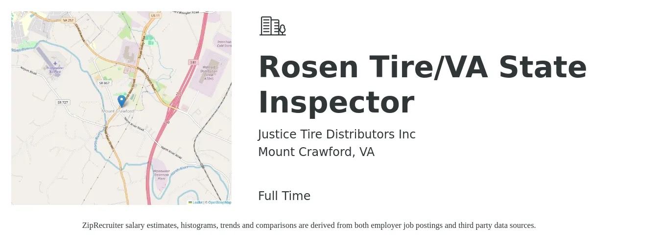 Justice Tire Distributors Inc job posting for a Rosen Tire/VA State Inspector in Mount Crawford, VA with a salary of $45,600 to $106,400 Yearly with a map of Mount Crawford location.