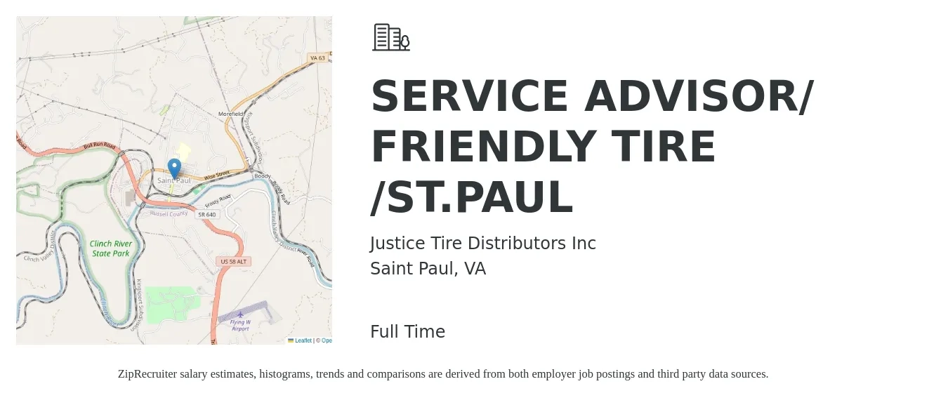 Justice Tire Distributors Inc job posting for a SERVICE ADVISOR/ FRIENDLY TIRE /ST.PAUL in Saint Paul, VA with a salary of $17 to $28 Hourly with a map of Saint Paul location.
