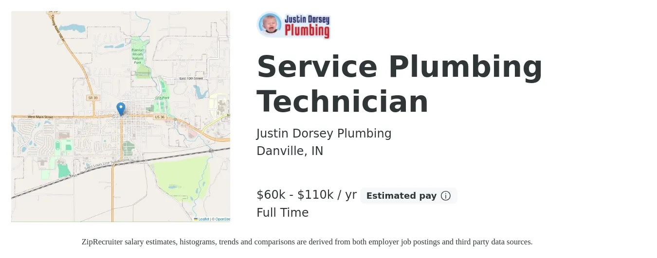 Justin Dorsey Plumbing job posting for a Service Plumbing Technician in Danville, IN with a salary of $60,000 to $110,000 Yearly with a map of Danville location.