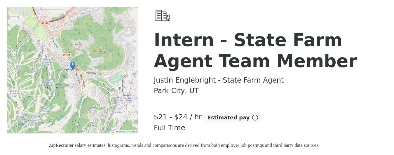 Justin Englebright - State Farm Agent job posting for a Intern - State Farm Agent Team Member in Park City, UT with a salary of $22 to $25 Hourly with a map of Park City location.