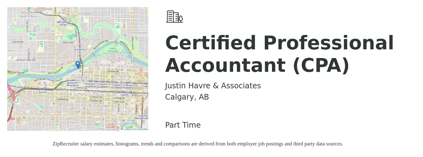 Justin Havre & Associates job posting for a Certified Professional Accountant (CPA) in Calgary, AB with a map of Calgary location.