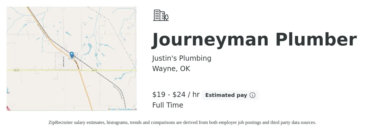 Justin's Plumbing job posting for a Journeyman Plumber in Wayne, OK with a salary of $20 to $25 Hourly with a map of Wayne location.