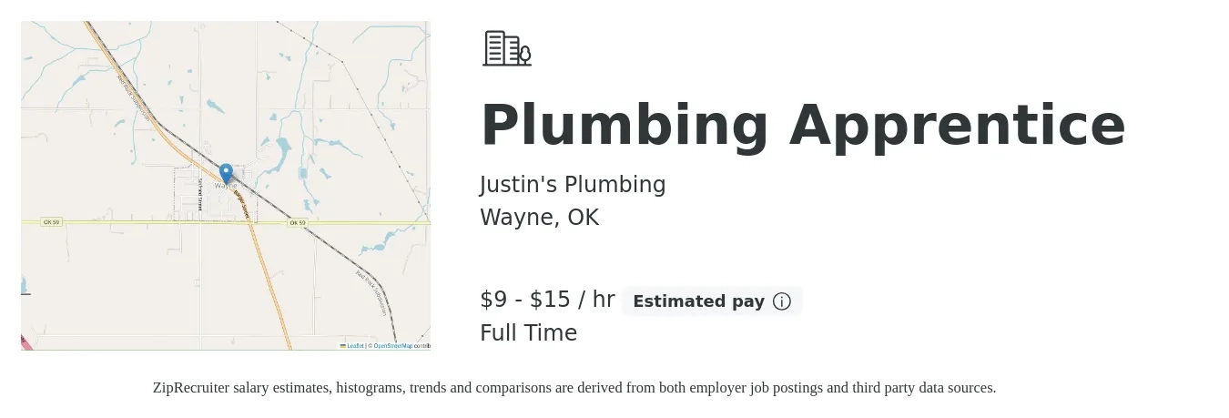 Justin's Plumbing job posting for a Plumbing Apprentice in Wayne, OK with a salary of $10 to $16 Hourly with a map of Wayne location.